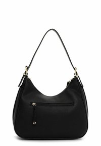 Borsa hobo in pelle nera con finitura testurizzata, parte superiore curva, tracolla singola e tasca frontale con zip e dettagli in hardware dorato.