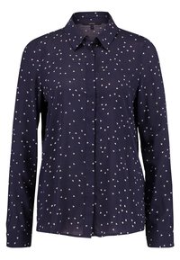 Camicia button-up a maniche lunghe blu navy con piccoli motivi a cuori bianchi e rosa e colletto classico.