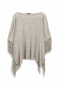 Fransen-Poncho aus leichtem grauen Strick, mit weitem Ausschnitt und asymmetrischem Saum sowie langen, gleichmäßigen Fransen entlang der Kanten.