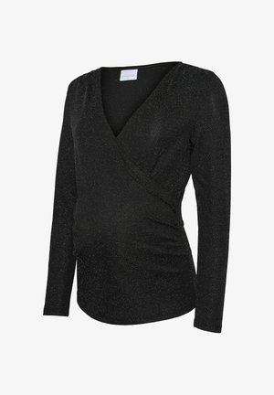 Haut à manches longues noir, en wrap, avec un décolleté en V. Fabriqué en tissu extensible avec des paillettes argentées subtiles. Détails froncés à la taille pour un ajustement parfait.