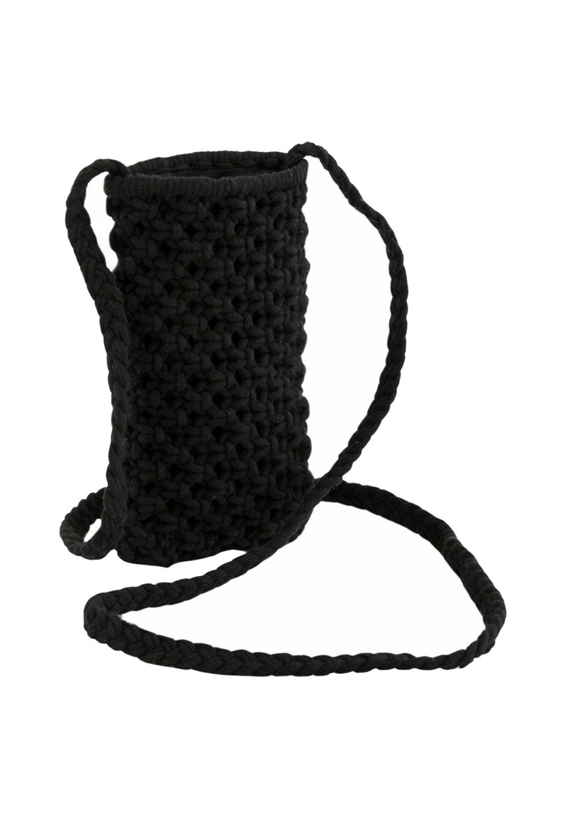 Black woven bag with a cylindrical shape, featuring a textured surface, long braided strap, and an opening at the top.