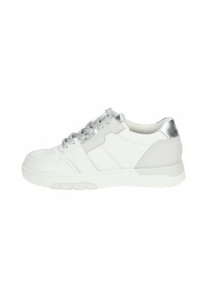 White sneaker with silver accents, textured leather upper, round toe, lace-up design, and cushioned sole for comfort.