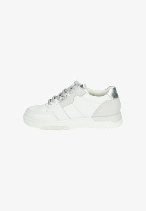 White sneaker with silver accents, textured leather upper, round toe, lace-up design, and cushioned sole for comfort.