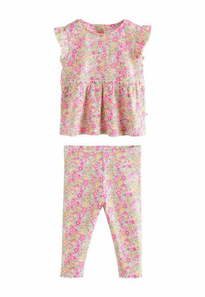 Oblečenie pre batoľa s krátkym rukávom, volánikovým kvetinovým topom a zodpovedajúcimi kvetinovými legínami v ružovej, zelenej a žltej farbe.