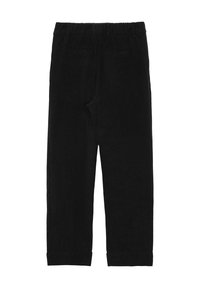 Pantaloni in corduroy neri con cintura elastica, design a gamba dritta, due tasche posteriori e risvolti. Finitura in tessuto testurizzato.
