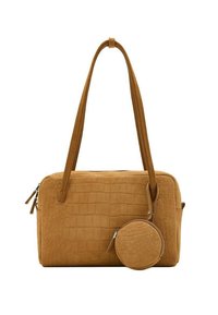 Borsa in faux leather color sabbia con motivo a croco testurizzato, dotata di chiusura con zip, due manici lunghi e una pochette rotonda removibile.
