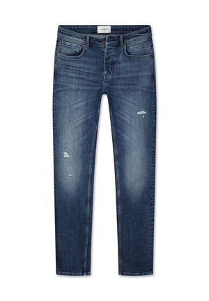 Blauwe recht gesneden jeans van denim, met een vervaagde was, versleten details en een klassieke vijf-pocket ontwerp met een ritssluiting.