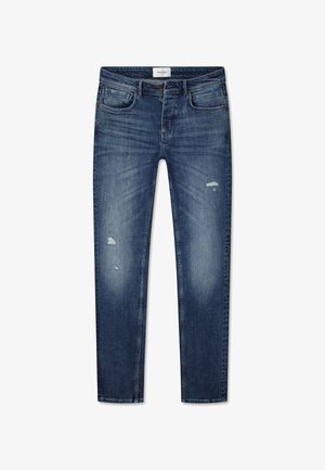 Blaue gerade geschnittene Jeans aus Denim, mit einem ausgewaschenen Effekt, distressed Details und einem klassischen Fünf-Taschen-Design mit Reißverschluss.