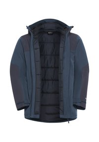 Veste isolée bleu marine avec capuche, dotée d'une fermeture éclair à l'avant, d'une doublure intérieure matelassée et de manches sombres contrastantes. Texture extérieure lisse.