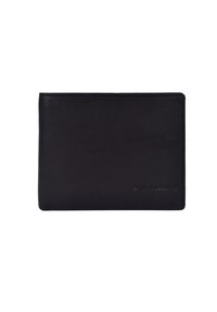 Cartera de cuero negro, diseño de doble pliegue, textura suave, sutil logotipo en relieve en la parte frontal, costuras cuidadas a lo largo de los bordes.