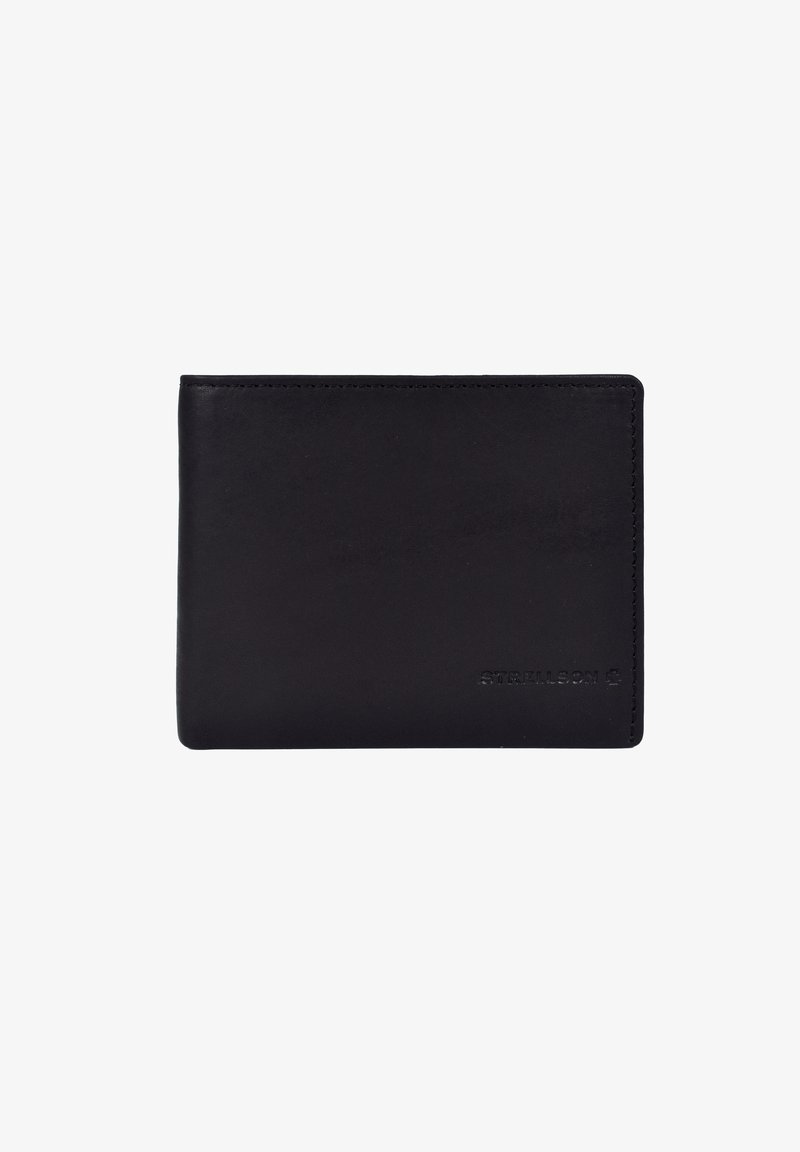 Cartera de cuero negro, diseño de doble pliegue, textura suave, sutil logotipo en relieve en la parte frontal, costuras cuidadas a lo largo de los bordes.