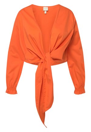 Blusa cropped a maniche lunghe di un vivace arancione, con scollo a V profondo e nodo frontale, caratterizzata da polsini arricciati elasticizzati.