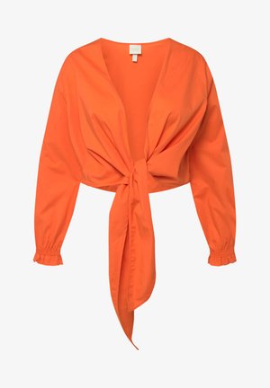 Lysorange langtærmet cropped bluse med dyb V-udskæring og frontknude, der har elastiske volangmanchetter.