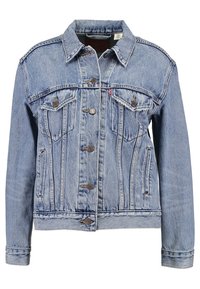 Ljusblå denimjacka med klassisk design, knappstängning, bröstfickor och standardkrage. Har texturerat tyg och söm-detaljer.