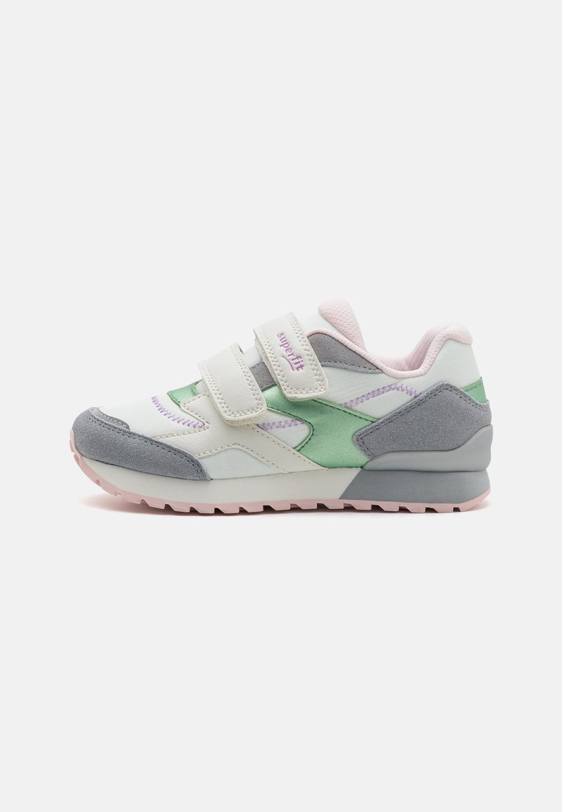 Sneakers with a white leather upper, green and gray suede accents, pink details, and double hook-and-loop straps. Textured rubber sole.