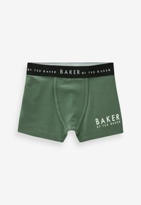 Boxer in cotone verde con elastico nero in vita, caratterizzati da una scritta bianca "BAKER BY TED BAKER" sulla gamba sinistra.