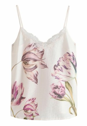 Fehér trikó rózsaszín és lila tulipánmintákkal, vékony vállpántokkal és csipkés szegéllyel a V-nyakkivágás mentén.
