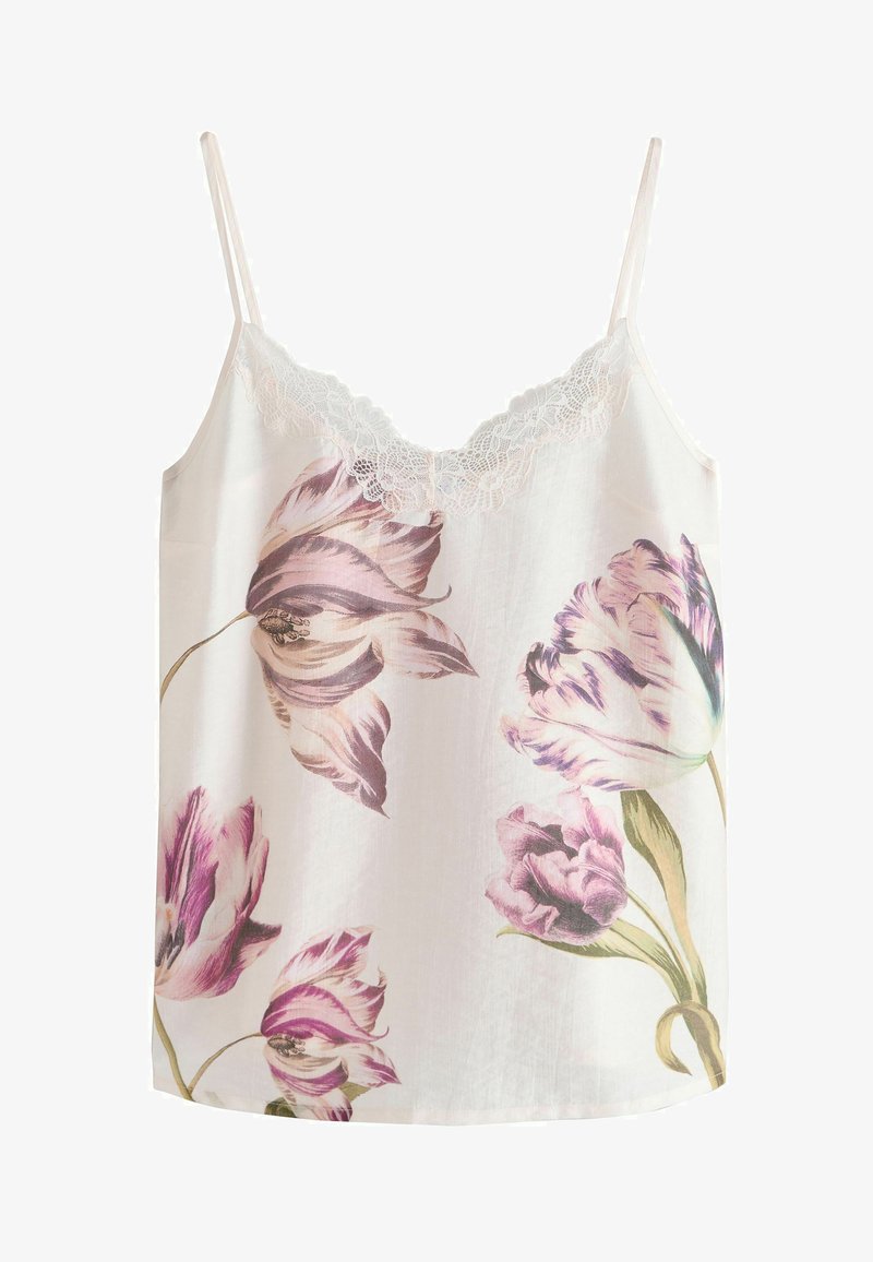 Camisole blanche avec des imprimés de tulipes roses et violettes, fines bretelles et bordure en dentelle le long du décolleté en V.