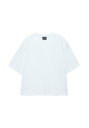 T-shirt blanc uni en coton à manches courtes avec col rond et étiquette noire au niveau de l'encolure, présenté à plat sur un fond blanc.