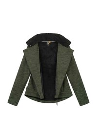Veste verte texturée avec une doublure noire douce, un large col et une fermeture éclair à l'avant. Comprend des poches latérales et une coupe décontractée.
