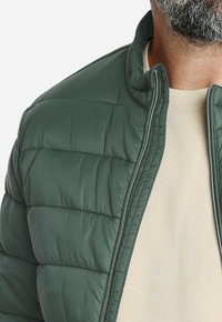 Chaqueta de plumas verde con textura acolchada, cierre frontal de cremallera completa, diseño con cuello, combinada con un suéter beige debajo.