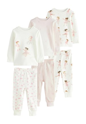 Set aus Kinderpyjamas bestehend aus zwei Langarmoberteilen und drei Hosen in Pastellfarben, mit Drucken von Balletttänzerinnen und floralen Mustern.