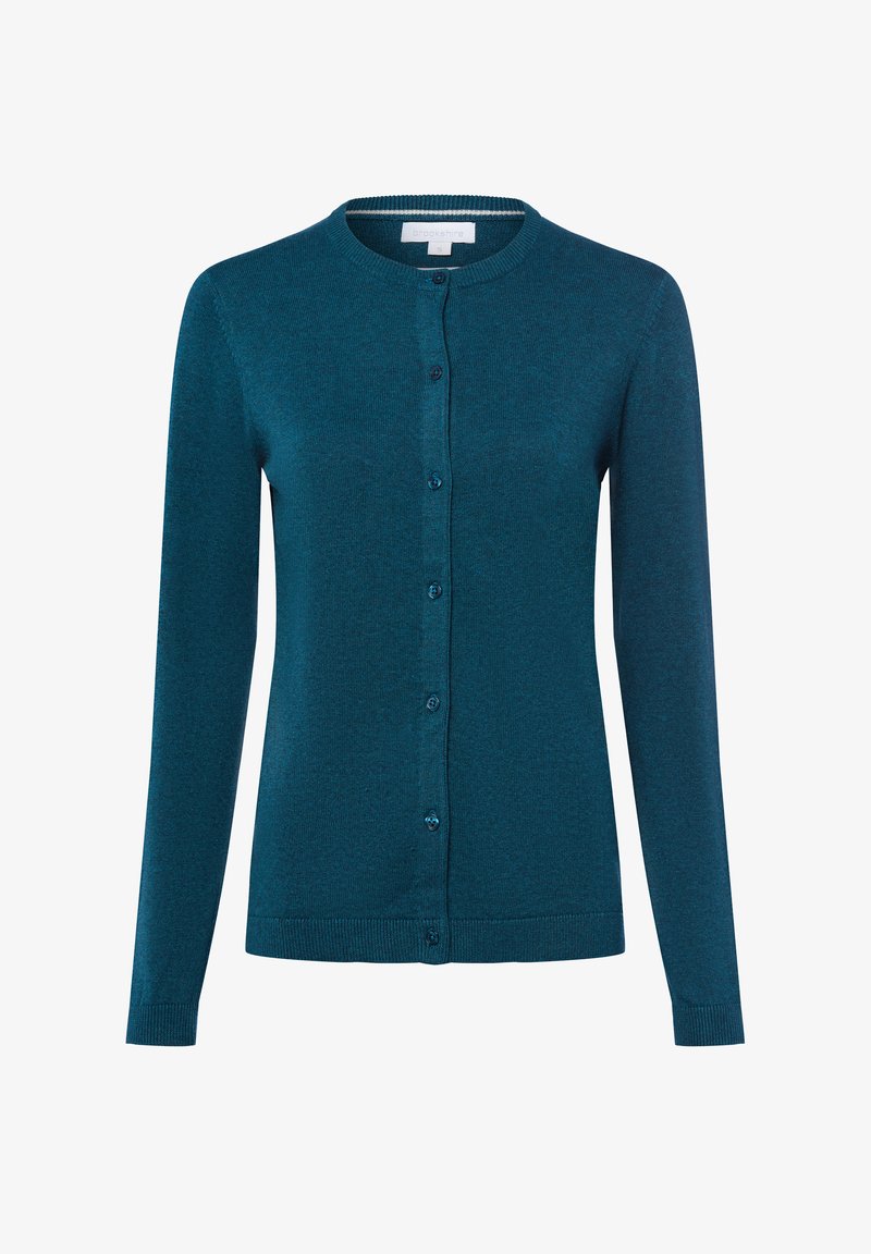 Teal langslip cardigan gemaakt van zachte, gemêleerde brei stof, met een ronde halslijn en een knoopsluiting aan de voorkant met bijpassende knopen.