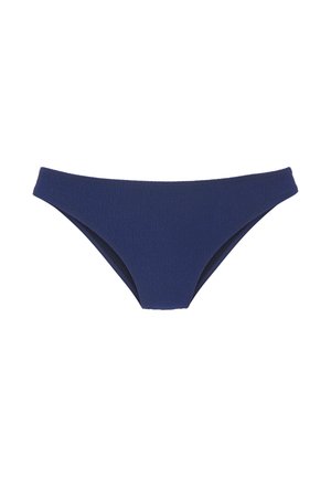 Marineblaue Bikinihose mit strukturiertem Muster, mittlerer Bedeckung, niedrigem Taillenbund und ausgeschnittenen Seiten für ein minimalistisches Design.