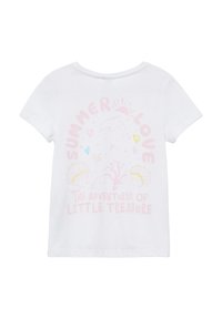 Witte katoenen t-shirt met een kleurrijke grafische print op de achterkant, met de tekst "Zomer Liefde" en aquatische illustraties.