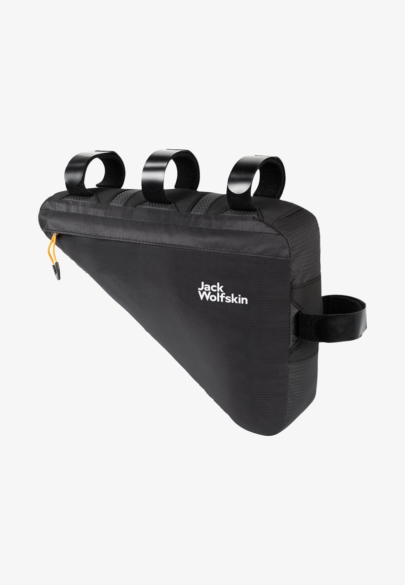 Musta kolmiomuotoinen pyöräilysalkku, jossa on kolme yläpäädyn kiinnityskoukkua, tekstuuri materiaali ja etupuolella vetoketjullinen tasku, jossa on keltainen vetotappi.