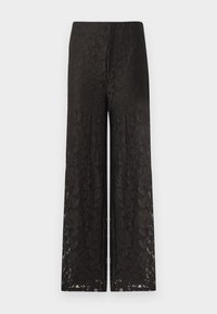 Pantalon noir à jambes larges avec une superposition en dentelle florale, avec une taille haute et une coupe longue sur un fond uni.
