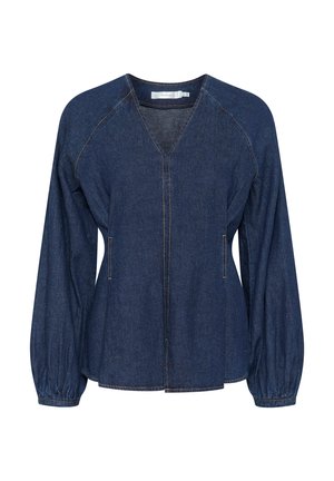 Jeansbluse in Dunkelblau mit V-Ausschnitt, Raglanärmeln, elastischen Bündchen und seitlichen Taschen. Verfügt über Kontrastnähte auf der gesamten Fläche.