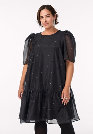 KNIELANGES MIT TRANSPARENTEN ÄRMELN - Denné šaty - black w/white dot