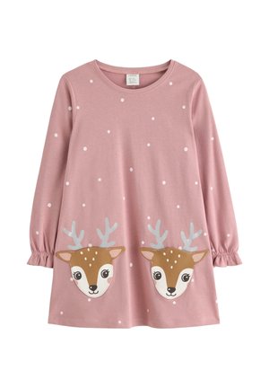 Rosa langärmliges Kleid mit weißen Punkten und zwei Rehgesichtern mit Geweihen am Saum. Hergestellt aus weichem Material mit Rüschensäumen.