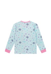 Long-sleeve pajama top in light blue with pink cuffs, featuring a pattern of purple snowflakes and geometric shapes. Soft, cotton material.