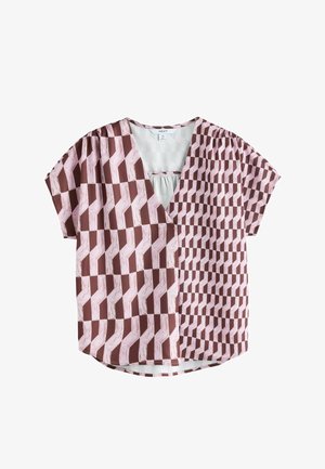 Next, PETITE FIT - SHORT SLEEVE V-NECK BLOUSE . - Pusero - pink brown geometric print