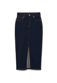 Falda lápiz de mezclilla en azul oscuro con una abertura en la parte delantera. Presenta costuras en contraste y detalles de botones metálicos, diseñada para una silueta ajustada.