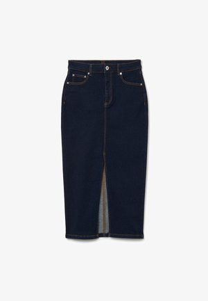 Dunkelblaue Jeans-Bleistiftrock mit einem Schlitz vorne. Verfügt über kontrastierendes Nähen und metallische Knopfdetails und ist für eine taillierte Silhouette entworfen.