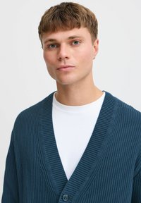 Strikket teal kardigan med V-hals, med knappelukking og ribbestruktur, brukt over en hvit t-skjorte. Nærbilde av fronten.