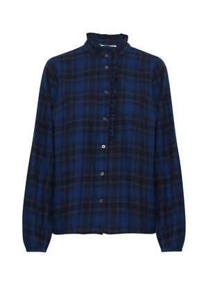 Camicia a quadri blu e nera con colletto arricciato e maniche lunghe, caratterizzata da una vestibilità ampia e una sottile trama.