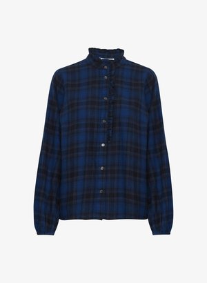 Camicia a quadri blu e nera con colletto arricciato e maniche lunghe, caratterizzata da una vestibilità ampia e una sottile trama.