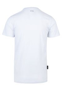Weißes T-Shirt mit kurzen Ärmeln aus weicher Baumwolle, mit rundem Halsausschnitt, einem kleinen "SPITZUB"-Label auf der Rückseite und einer glatten Oberfläche.