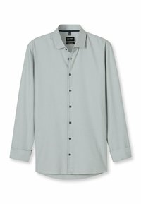 Hellegrau langärmliges Hemd mit einem subtilen Muster, Button-Down-Kragen und dunkelblauen Knöpfen. Verfügt über einen abgerundeten Saum und umgeschlagene Ärmel.