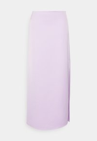 Lilac midi rok met een gladde textuur, rechte snit en zijsplit, gemaakt van lichtgewicht stof voor gemakkelijke beweging.