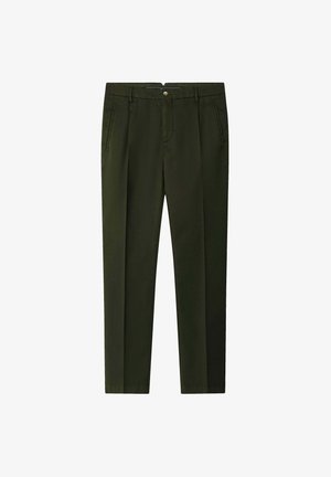 Pantaloni verdi scuri con taglio dritto, dotati di chiusura con bottone, tasche laterali e una consistenza del tessuto liscia. Design ordinato e su misura.