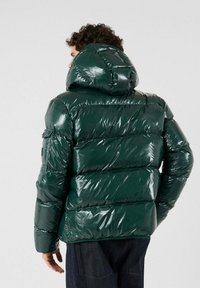 Giacca a vento verde con finitura lucida, dotata di cappuccio, sezioni trapuntate e una tasca sulla manica. Indossata sopra jeans scuri.