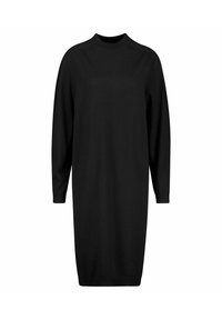 Robe tricotée noire avec un col montant et des manches longues, offrant une coupe ample et droite arrivant au milieu de la cuisse. Texture lisse.