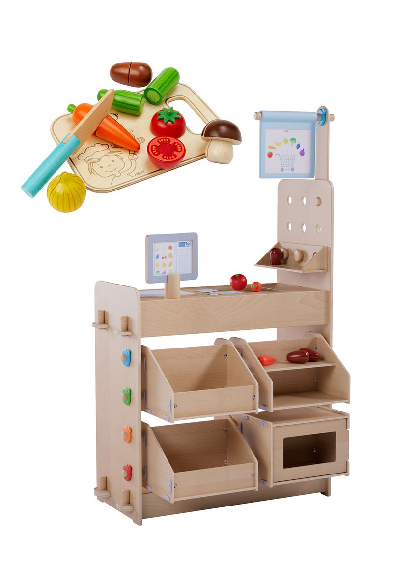 Houten speelvoedselmarkt met verschillende speelgoedfruit en -groenten, meerkleurige knopjes, een kassa en een opbergruimte.