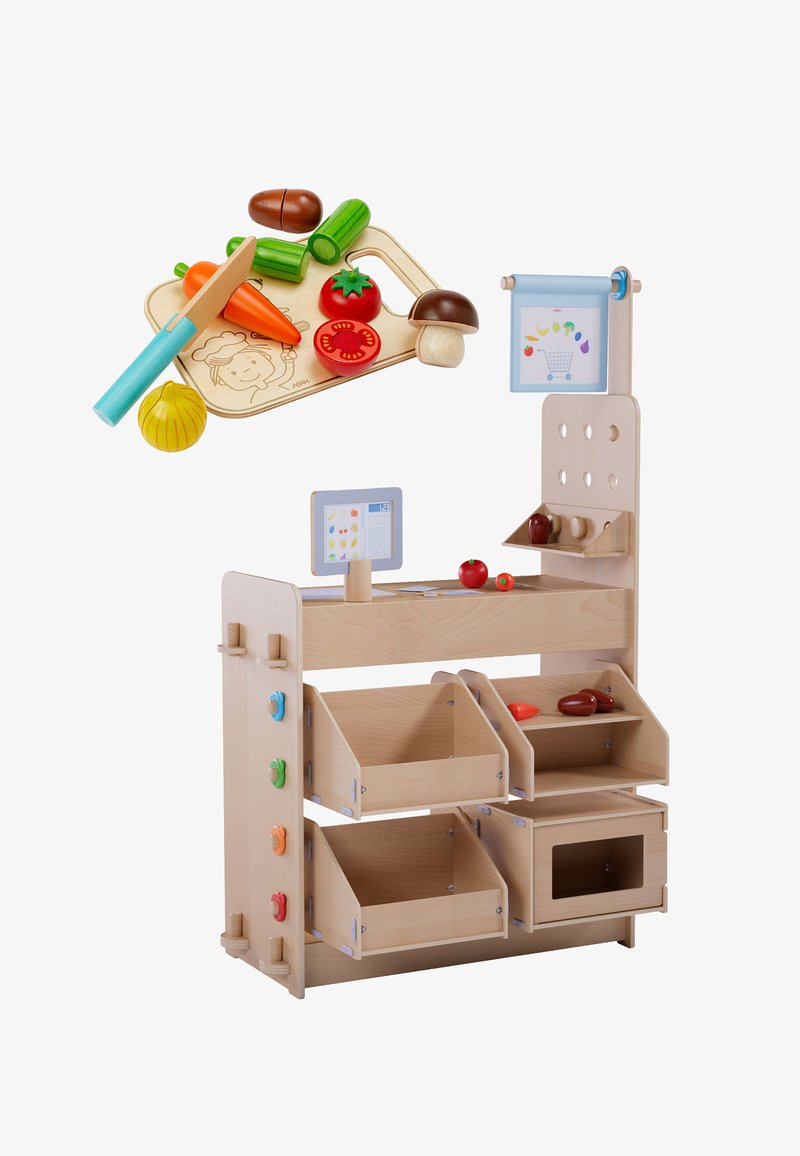 Houten speelvoedselmarkt met verschillende speelgoedfruit en -groenten, meerkleurige knopjes, een kassa en een opbergruimte.