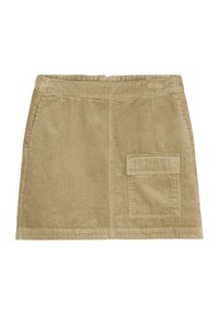 Khaki kord přímo střižená sukně s náprsní kapsou na pravé straně a vertikálním žebrováním.